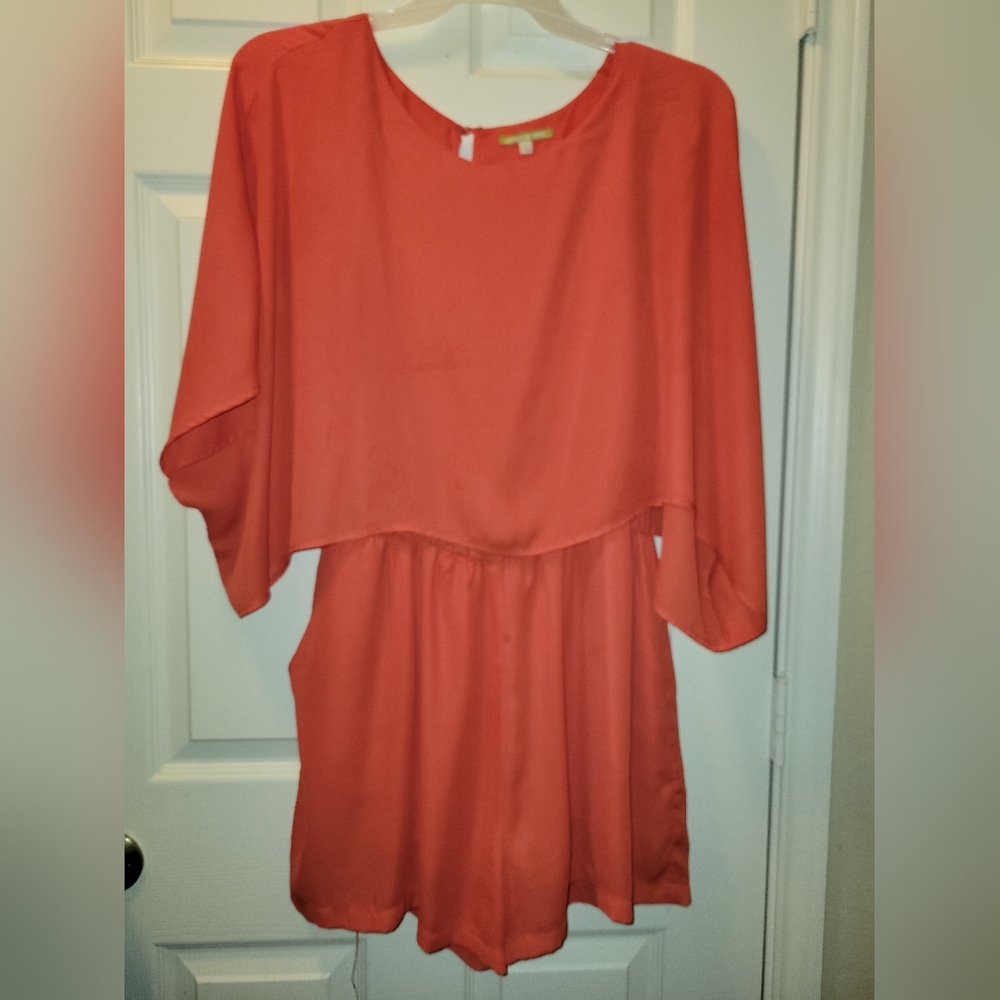 Coral Romper with Flowing Sleeves